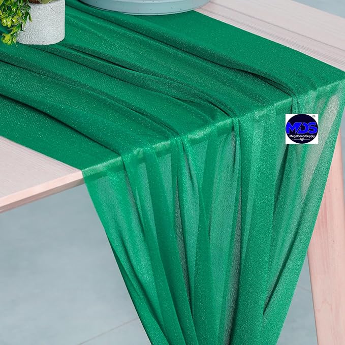 MDS 15 Pack 10ft Chiffon Table Runner 29 x 120 Inches Sheer Wedding Runner Romantic Rustic Table Runner for Wedding Decorations, Birthday Parties, Bridal Shower Party Arch Decor - Emerald Green