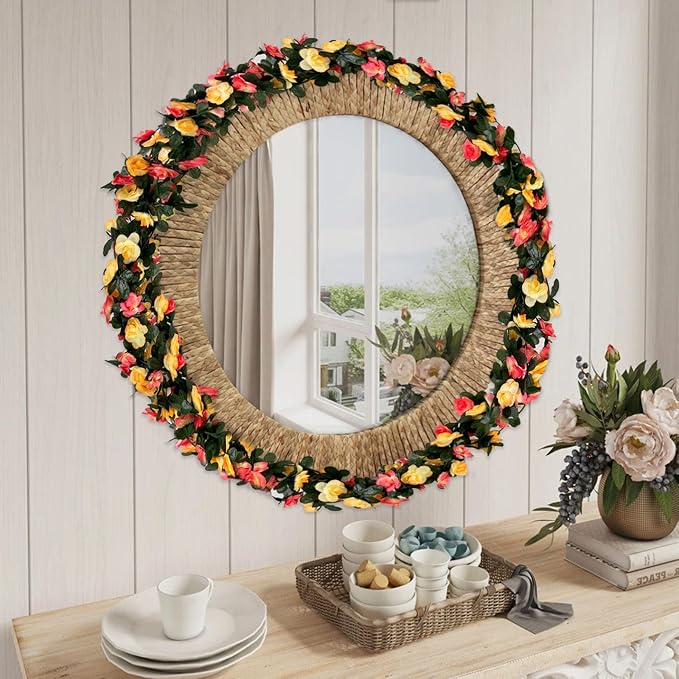 8Pcs 63Ft Pink&Yellow Rose Garland, Fake Rose Hanging Flowers, Artificial Flower Vine, Hanging Floral Vine Garland for Wedding, Birthday Party, Wall Arch, Halloween, Christmas Garden Backdrop Decor