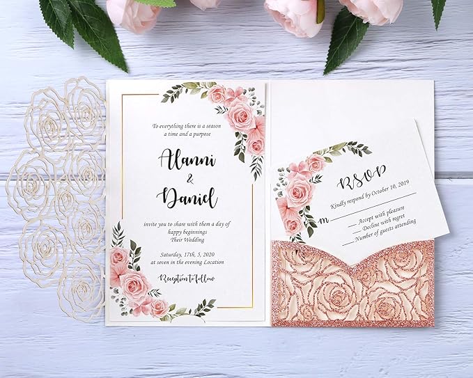 20 Pcs Laser Cut Wedding Invitations Card Pocket with Envelope for Birthday Party Baby or Bride Shower Invite suitable for 5 * 7 Inches Insert Paper (Rose Gold Glitter)