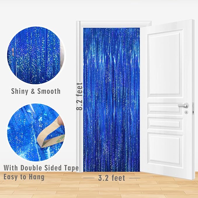 GOER 6.4 ft x 8.2 ft Metallic Tinsel Foil Fringe Curtains Party Photo Backdrop Party Streamers for Birthday,Graduation,New Year Eve Decorations Wedding Decor(2 Packs,Shiny Blue)