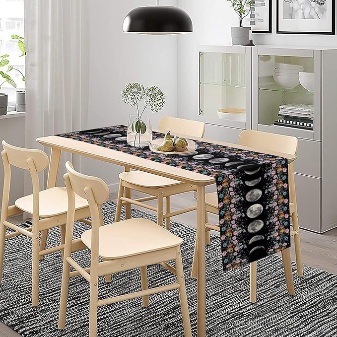 Boho Floral Moon Table Runner, Spring Flower Leaves Mystical Gothic Sun Moon Table Runner for Kitchen Dining Table Home Party,13x120 Inch Purple