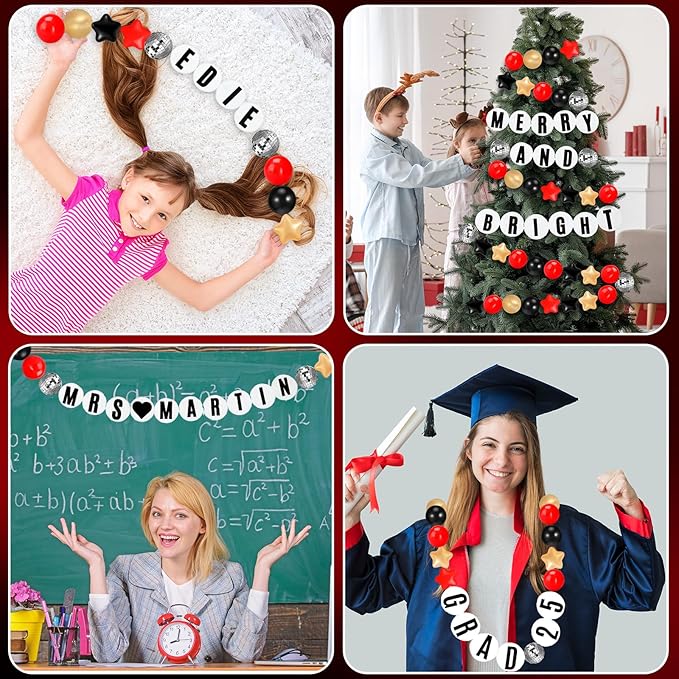 Giant Friendship Bracelet Garland Kit, DIY Birthday Banner with Letters Ball Jumbo Customizable Friendship Bracelet Decor for Halloween Christmas Wedding Party(Black, Gold, Red)