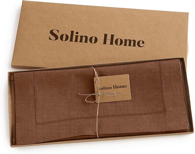 Solino Home Linen Brown Table Runner 90 Inches Long - 100% Pure Linen Hemstitch 14 x 90 Inch Table Runner for Dining, Fall, Autumn, Thanksgiving - Classic Hemstitch