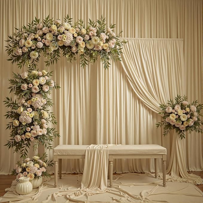 10ftx12ft Wrinkle Free Beige Backdrop Curtain, 2 Panels 12FT Height Beige Wedding Backdrop Drapes, Silky Polyester Back Drop Cloth for Birthday Photography Background Party Backdrop Draping