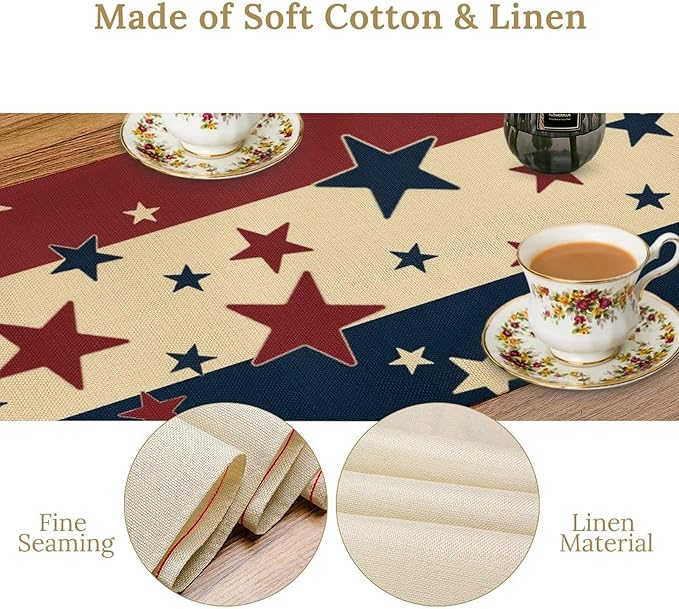 Memorial Day Table Runner, 4th of July American Patriotic Independence Day Stars Stripes Print Table Runne for Summer Holiday USA Home Decoration Party,13x36inch