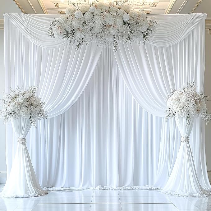 10ftx14FT Wrinkle Free White Backdrop Curtain, 2 Panels 14FT Height White Wedding Backdrop Drapes, Silky Polyester Back Drop Cloth for Birthday Photography Background Party Backdrop Draping