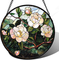 Stained Glass Suncatcher, Light Pink Flowers Green Leaf Sun Catcher Plant Stain Glass Window Hanging Decoration Mother's Day Birthday Gifts for Women Men Mom Nana 6.3 in