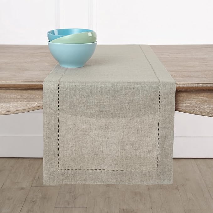 Solino Home Linen Natural Table Runner 60 Inches - Classic Hemstitch, 100% Pure Linen Coffee Table Runner 14 x 60 Inch Ideal for Dresser Tables - Fall, Autumn, Halloween, Thanksgiving, Christmas