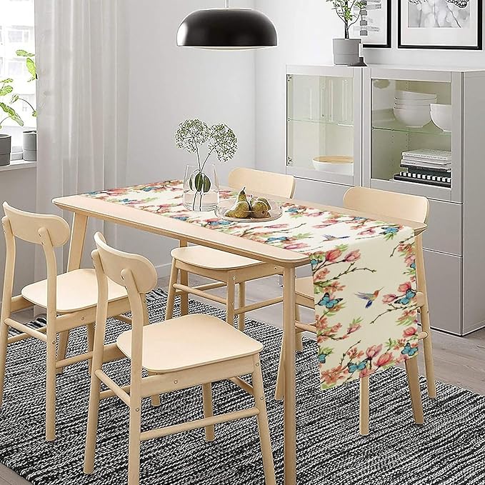 Floral Butterfly Table Runner Seasonal Spring Flower Bird Table Decoration Table Runner for Home Party Decoration 13x120 Inch