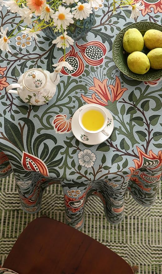 ISAENNE Designer Bohemian Linen Green Round Tablecloth,Floral Indoor Table Cloth,Stain Resistant Decor Tablecloths for Dining Thanksgiving Kitchen Party Christmas,Diameter 67"-Naples