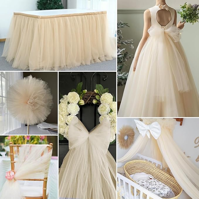 Honey Beige Tulle Fabric Rolls 54 Inch by 40 Yards Tulle Bolt Spool for Wedding Decorations DIY Tutu Baby Shower Table Skirt Ceiling Decor Birthday Party Craft Supplies
