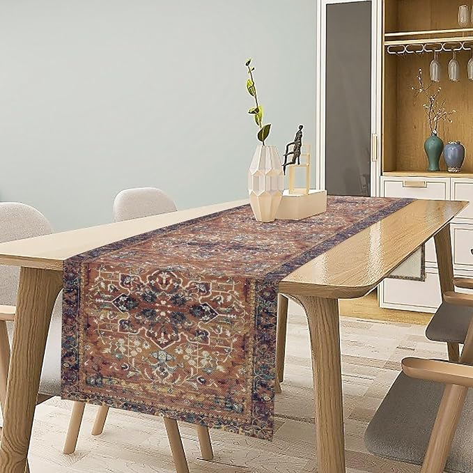 Boho Floral Vintage Table Runner, Purple Brown Retro Flower Rustic Country Farmhouse Abstract Pattern for Home Kitchen Table Decor Dining Coffee Room Party Decor 13x36in
