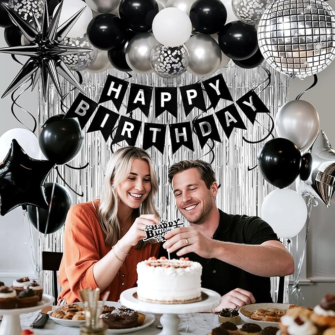 10th Birthday Decorations for Boys Girls, Black Silver Happy Birthday Party Decorations， 10 Year Old Party Supplies with Number 10 Balloons, Banner, Fringe Curtains Kit