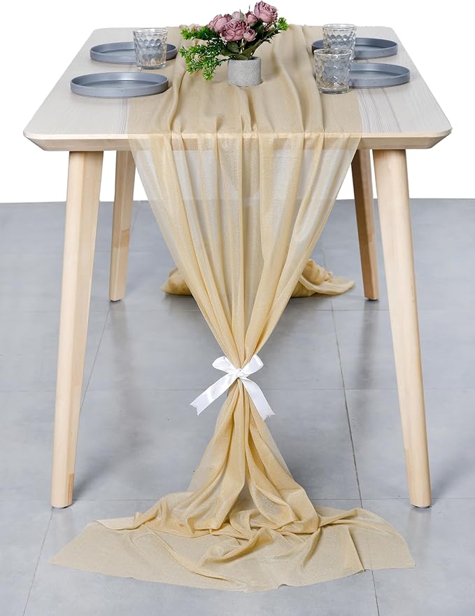 MDS 2 Pack 14ft Chiffon Table Runner 29 x 170 Inches Sheer Wedding Runner Romantic Rustic Table Runner for Wedding Decorations, Birthday Parties, Bridal Shower Party Arch Decor - Champagne Gold