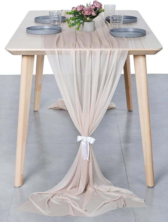 MDS 5 Pack 10ft Chiffon Table Runner 29 x 120 Inches Sheer Wedding Runner Romantic Rustic Table Runner for Wedding Decorations, Birthday Parties, Bridal Shower Party Arch Decor - Nude