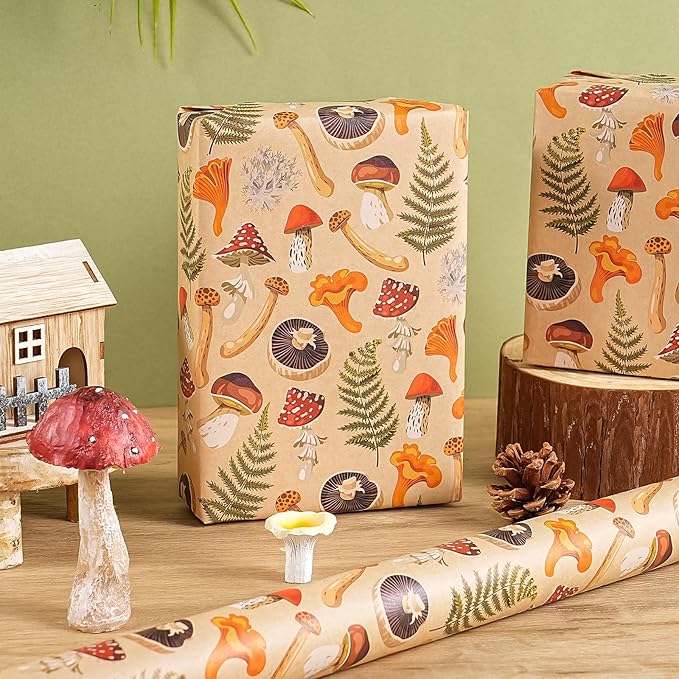 WRAPAHOLIC Kraft Mushroom Wrapping Paper Roll - Mini Roll - 17 Inch x 16.5 Feet - Mushroom Gift Wrapping Paper for Birthday, Baby Shower, Autumn