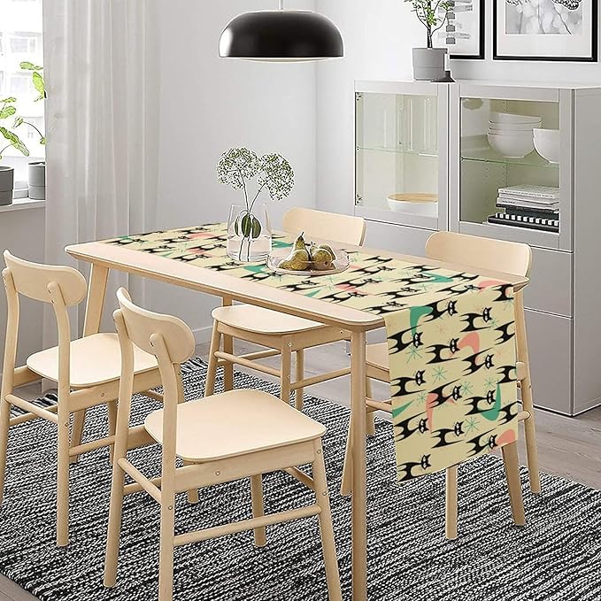 Mid Century Table Runner,Cat Geometric Stripe Colorful Abstract Pattern Print Tablecloth Burlap for Hotel Indoors Outdoor Dining Room Kitchen Holiday Party, 13x90in
