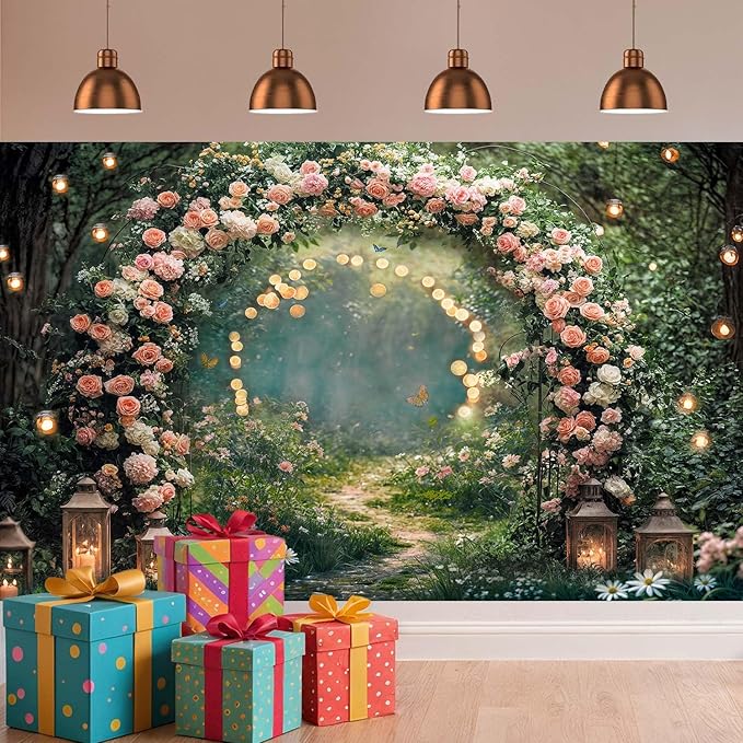 15x10ft Enchanted Forest Wedding Photography Backdrop Wonderland Roses Fairy Tale Backdrop Pink Flower Birthday Newborn Baby Shower Wedding Bridal Party Banner Photo Booth Props Anniversary Background