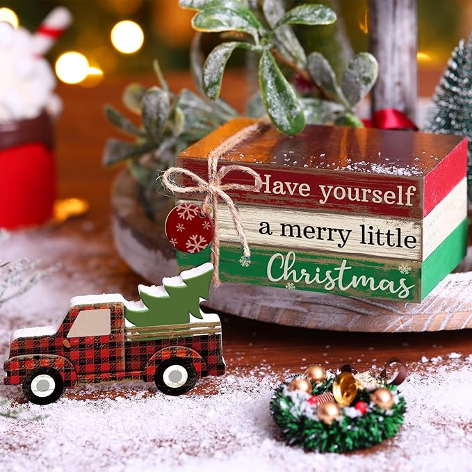 4 Pcs Christmas Table Decor Winter Table Decorations Christmas Tiered Tray Decor Decorative Truck Book Decorations Indoor Rustic Wooden Snowflake Block Sign Gift Farmhouse for Home Shelf
