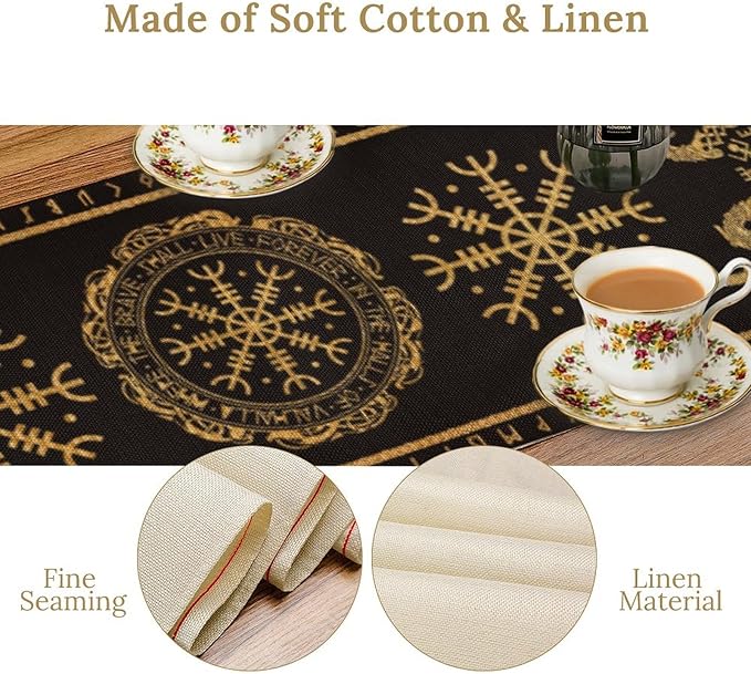 Viking Tree of Life Abstract Table Runner for Living Room Home Party Coffee Dining Party Wedding Golden Black Celtic Style Geometric Dragon Boat Rudder Ancient Script Table Runner 13x120 Inch