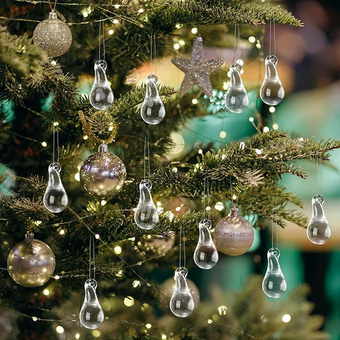 30 Pcs Clear Glass Teardrop Christmas Ornaments Crystal Raindrop Hanging Ornaments Crystal Chandelier Drop Pendant Icicles Decorations for Christmas Tree Winter Party Supplies (Mini Size)