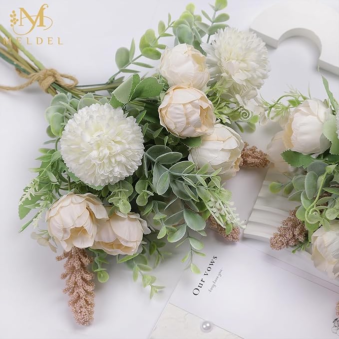 Meldel 3Pcs Rose Bouquet Light Champagne Artificial Flowers Peony Eucalyptus Plants Silk Flower Arrangements Wedding Bouquets Decorations Plastic Floral Centerpieces for Home Kitchen Party Decor