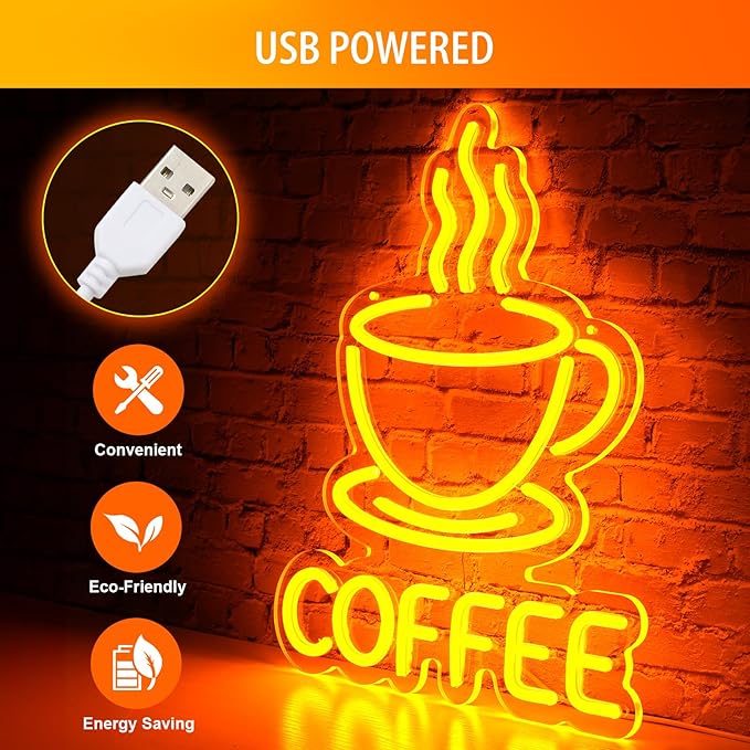 Coffee Neon Sign for Wall Decor, Dimmable USB Powered Bright Led Signs for Business Acrylic LED Neon Coffee Light up Sign for Shop Station Art Decor Party Decorations (15.7 * 12.8inches)