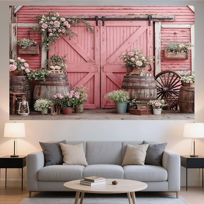 20x10ft Country Wedding Pink Photography Backdrop Rustic Wooden Door Photography Backdrop Farmhouse Flower Western Girl Birthday Baby Shower Wedding Bridal Party Banner Photo Booth Props Background