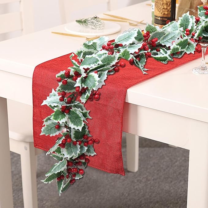 MAKHOT 6Ft Eucalyptus Garland, Green Leaves Wreath Vines Garlands Decorations, Artificial Red Berry Garland for Fireplace Gate Mantle Table Home Party Decor