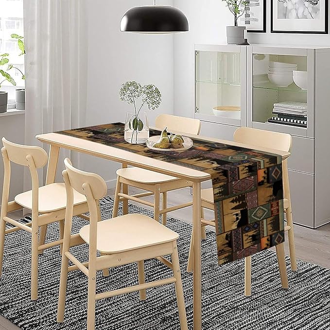 Rustic Cabin Bear Aztec Table Runner, Retro Brown Bear Rustic Theme Geometry Decoration for Home Dinner Party Living Room Bedroom Table Runner 13x36 Inch