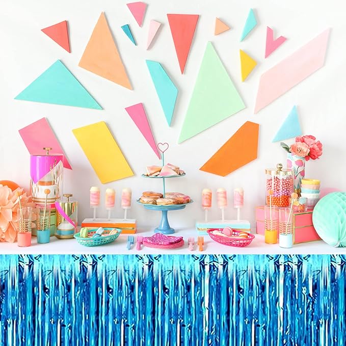 3 Pack Lake Blue Foil Fringe Table Skirts Metallic Tinsel Streamers Garland Banner Backdrop for Table Decor, Parade Float, Birthday, Wedding, Halloween, Christmas Party Decorations(29x108 In)