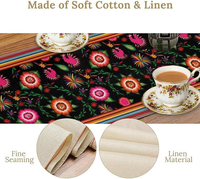 Mexican Table Runner,Colorful Flowers Cinco De Mayo Decor Table Runner for Kitchen Dining Table Home Party Decoration 13x90 Inch