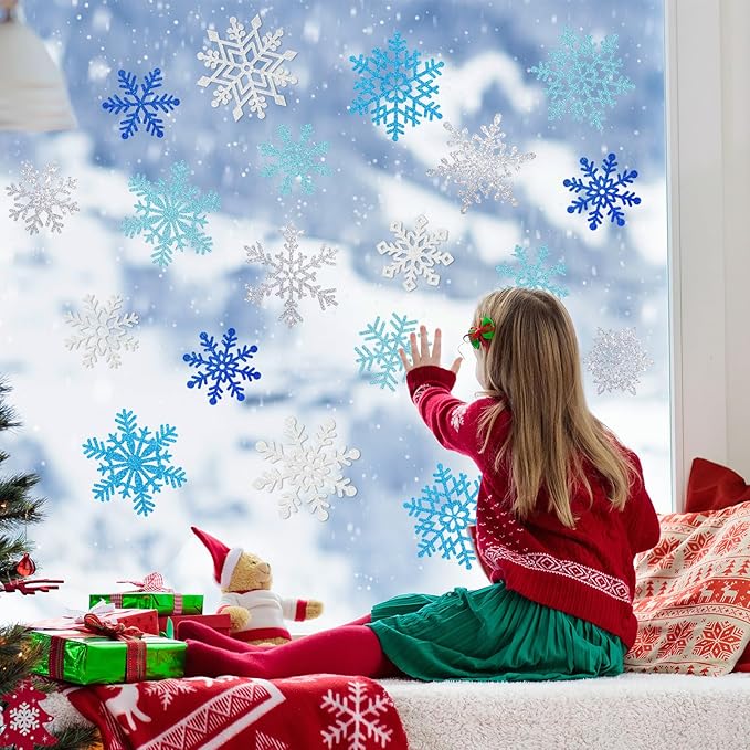 Winter Snowflake Cutouts Glitter Paper Decorations - 50Pcs Blue and Silver Double-Side Christmas Cutouts for Holiday Winter Wonderland Bulletin Board, Frozen Party Decor