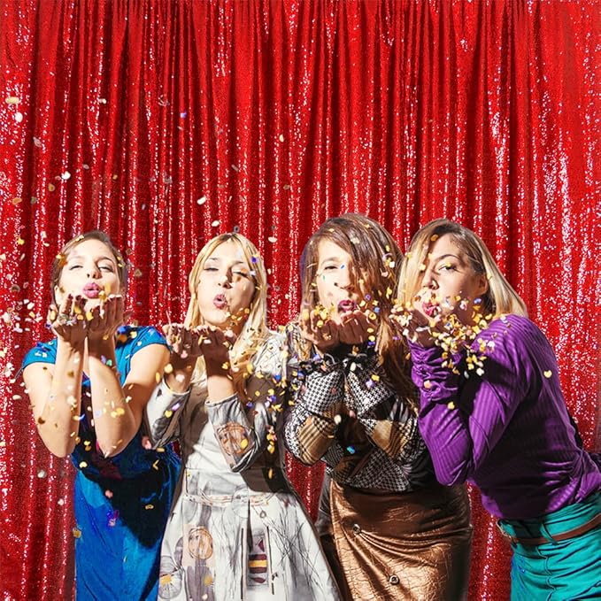 SquarePie Sequin Backdrop Curtain Less See Through Background for Wedding Christmas Party(10FT x 10FT, Red)