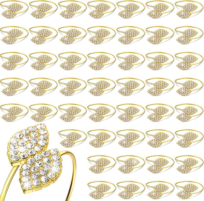 Hotop 300 Pcs Napkin Rings Gold Table Decorations, Elegant Bling Leaves Napkin Rings, Rhinestone Guest Towels Buckle for Wedding Gold Party, Thanksgiving Christmas Dinner Banquet Table Decoration