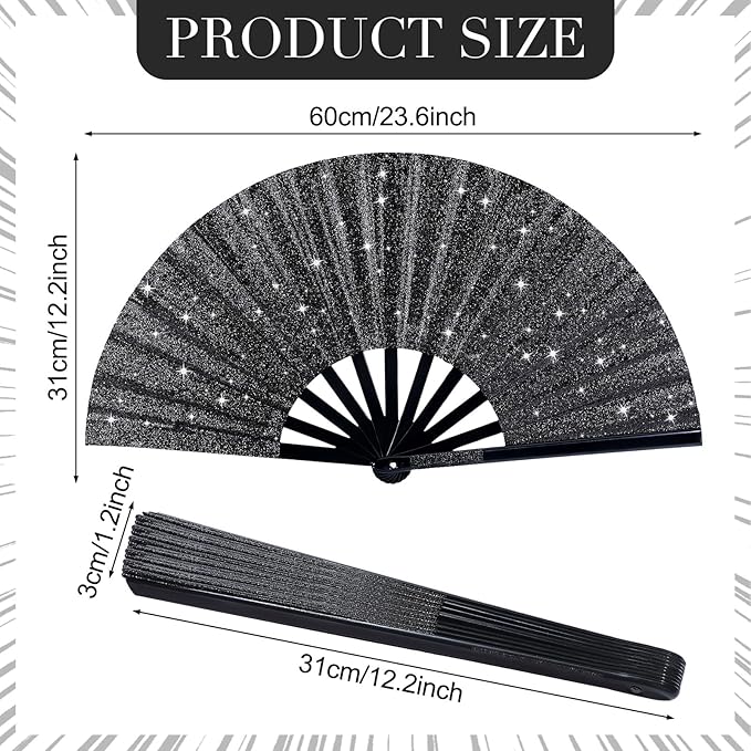 Thyle 6 Pcs Large Folding Fan for Line Dancing Bulk Boots on The Ground Hand Fan Black Popping Clapping Party Favors Decoration Gift for Edm Festival Club Summer(Classical)