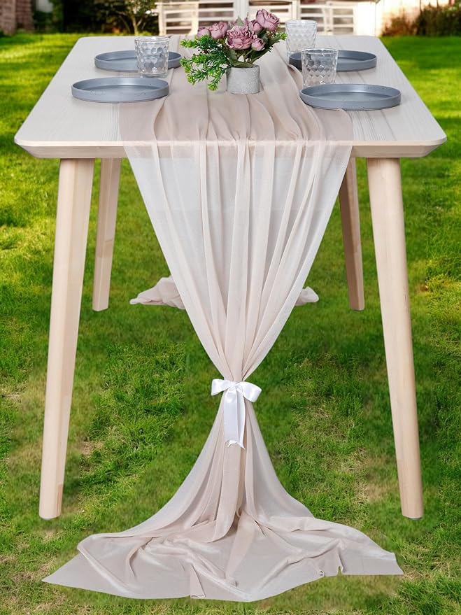 MDS 25 Pack 10ft Chiffon Table Runner 29 x 120 Inches Sheer Wedding Runner Romantic Rustic Table Runner for Wedding Decorations, Birthday Parties, Bridal Shower Party Arch Decor - Nude