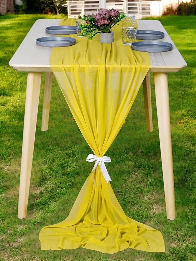 MDS 25 Pack 10ft Chiffon Table Runner 29 x 120 Inches Sheer Wedding Runner Romantic Rustic Table Runner for Wedding Decorations, Birthday Parties, Bridal Shower Party Arch Decor - Yellow
