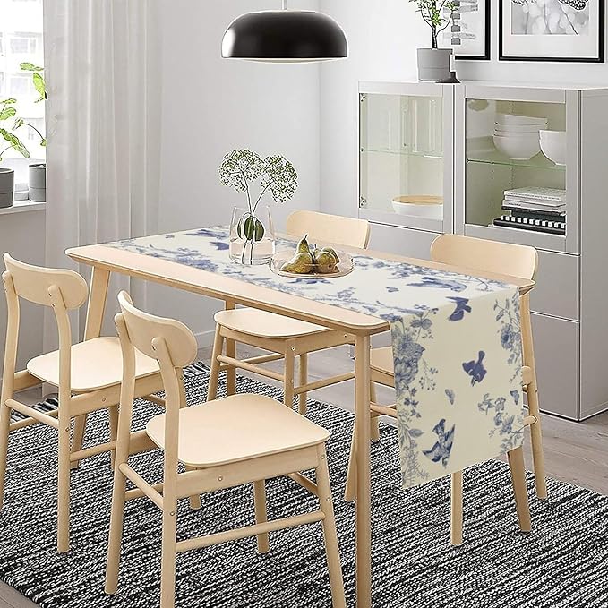 Monochrome Sketch Flowers Bird Table Runner, Seasonal Spring Fall Plants Blue Florals Dinner Runner for Home Kitchen Dining Table Party Holiday Decoration 13"x90"
