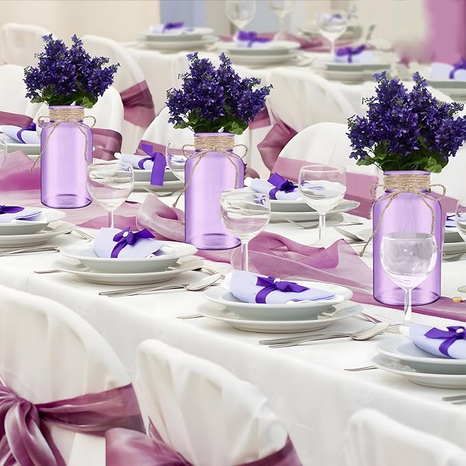 Vintage Glass Flower Vase，6 Pack Farmhouse Purple Glass Centerpiece Vases Mason Jars for Weddings, Parties & Home Decor Bulk (6, Purple)