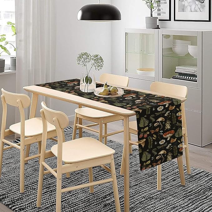 Mushroom Table Runner,Retro Forest Plant Table Runner for Kitchen Dining Table Home Party Decoration 13x60 Inch