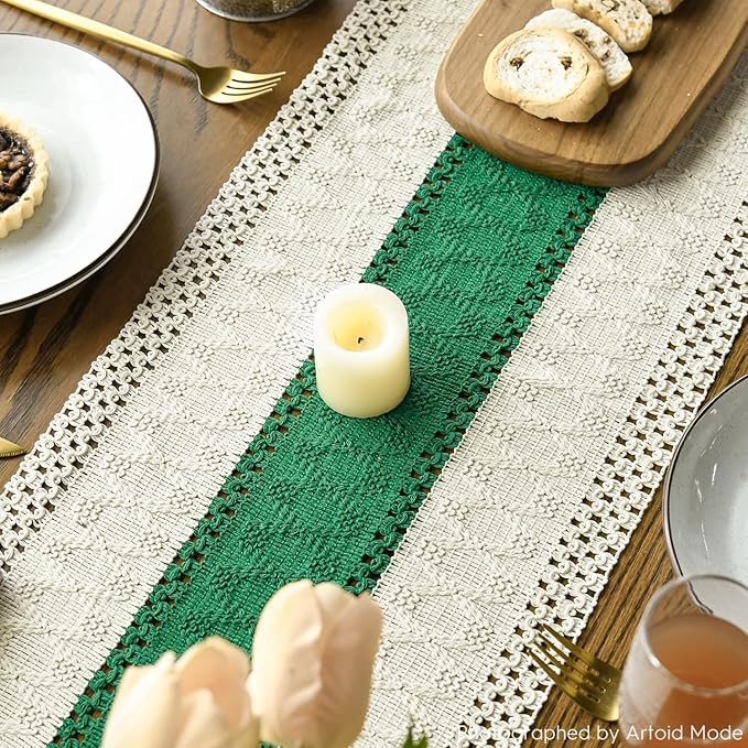 Artoid Mode Dark Green Farmhouse Rustic Table Runner, Seasonal Holiday Hollow Kitchen Dining Table Decoration for Home Party Decor 12x48 Inch