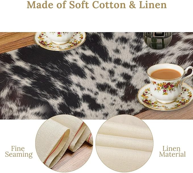 Cow Print Table Runner, Country Farm Animal Fur Skin Pattern Western Style Black Brown Cowhide Print Dinner Runner for Home Kitchen Dining Home Setting, 13x36 Inch