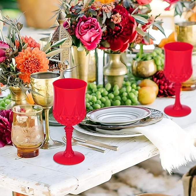 JLYLOL Plastic Vintage Wine Glasses 7OZ Plastic Goblets Vintage Drinking Glasses 24PCS Retro Wedding Glassware Water Goblets Reusable Drinking Cups for Party,Reception,Celebration,Bar,Whiskey(Red)