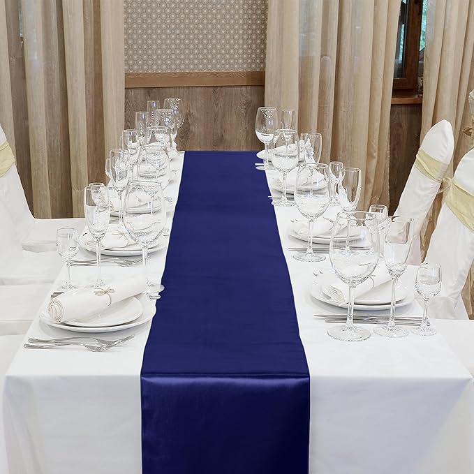 Aneco 12 Pack Satin Table Runner 12 x 108 Inch Navy Blue Long Wedding Satin Silk Table Runner for Wedding Banquet Graduations Birthday Party Decoration
