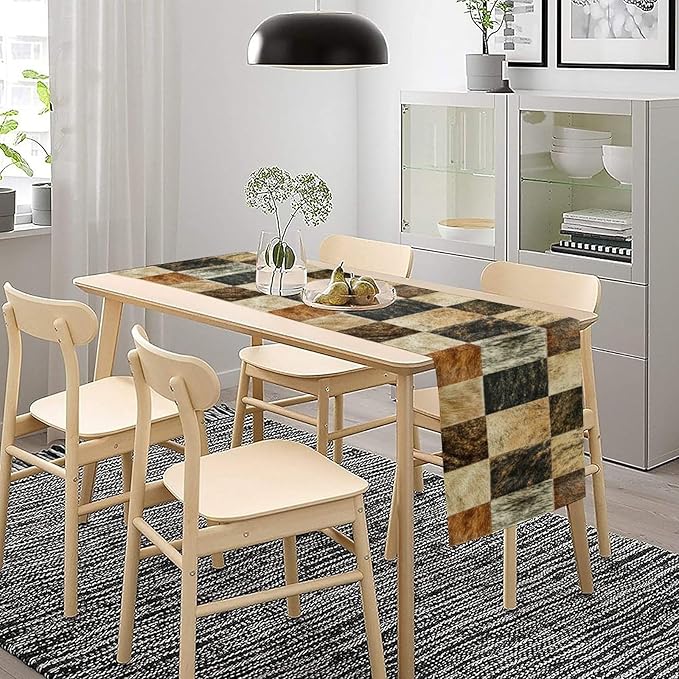 Rustic Cow Skin Patchwork Print Table Runner, Farmhouse Country Western Style Fur Table Cover for Dinning Home Party Holidays Home Setting, 13x70 Inch