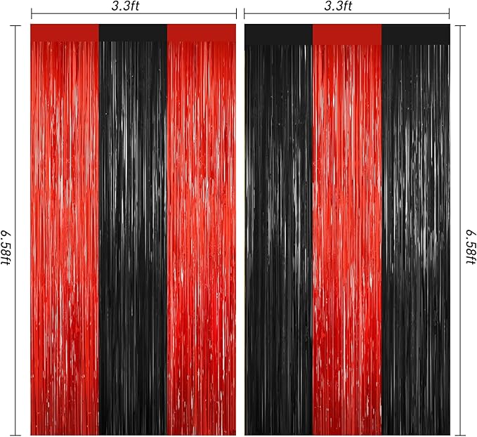 2Pack Black Red Backdrop Curtains Party Decor, Door Streamers Photo Booth Backdrop Metallic Party Streamer Tinsel Foil Fringe Curtains Backdrop Halloween Baby Shower Bachelorette Xmas Party Decors