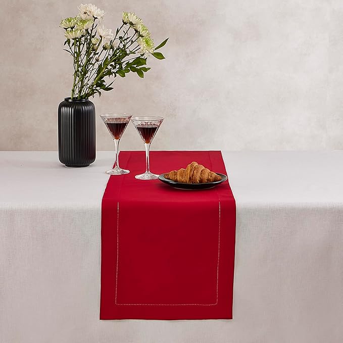 Cotton Linen Table Runner 120 Inches Long – Farmhouse Red Table Runner for Thanksgiving, Christmas, Winter, New Year – Washable Hemstitch Fabric Ideal for Gifting – Serena
