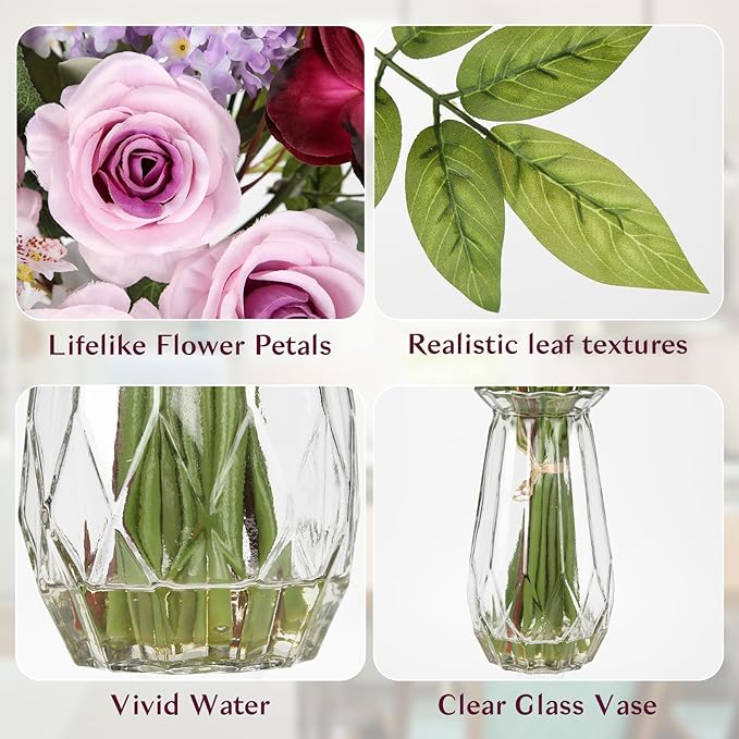 Briful Large Artificial Flowers Floral Arrangement, Mixed Purple Rose, Lilacs, White Orchids Potted Fake Silk Flowers in Clear Vase with Faux Water, Eucalyptus Stem Decor, Elegant Home Office Décor