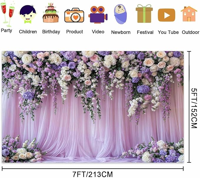 6x6ft Purple Lavender Floral Bridal Backdrop Wedding Flower Photography Backdrop for Girl Portrait Baby Shower Birthday Party Decor Banner Mother's Day Party Wall Backdrop Studio Photo Backgrounds
